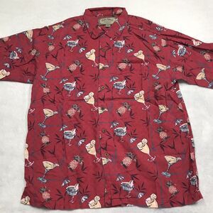 90s PALM ISLAND Hawaiian Shirt Men L Red Pina Colada Print Short Sleeve Rayon